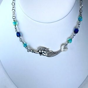 Handmade “Happy Mermaid” Stainless Steel & Blue Green Vintage Beads Necklace